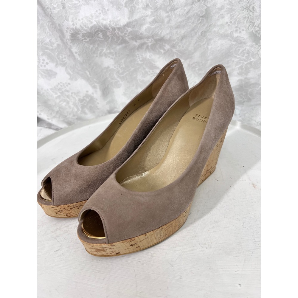 Stuart Weitzman Taupe Suede Peep Toe Cork Wedge Pumps A409779-1 Size 8N - Picture 2 of 8